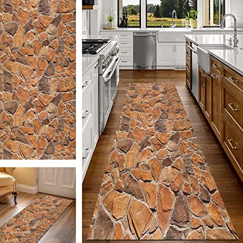 Teppich Läufer Flur Küche Braun Steinmuster 110X400CM Teppichläufer rutschfest Waschbar, Modern Meterware 3D Küchenläufer für Korridor Schlafzimmer Wohnzimmer Kinderzimmer Esszimmer Flurläufer von Wassly