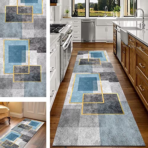 Teppich Läufer Flur Küche Grau Blau Kücheläufer rutschfest Waschbar Teppichläufer Lang 50X100CM Korridor Teppiche Geometrisch Wohnzimmerläufer Schlafzimmer Kinderzimmer Küchenteppich Meterware von Wassly