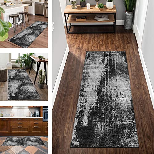 Teppich Läufer Flur Küche Vintage Schwarz Grau Geometrie Küchenläufer rutschfest Flurläufer Waschbar Korridor Teppichläufer Meterware Wohnzimmer Schlafzimmer (Color : A, Size : 60x200cm) von Wassly