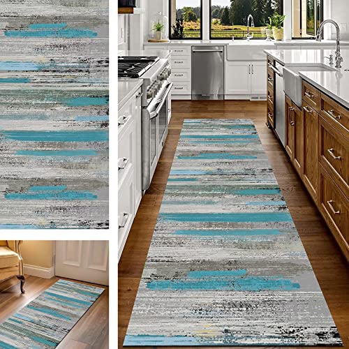 Teppich Läufer Flur Küche rutschfest 70X180CM Korridor Teppichläufer Vintage Grau Blau Waschbar Küchenläufer Flurteppich Polyester Meterware Flurläufer Lang Schlafzimmer Wohnzimmer Läufer Teppich von Wassly