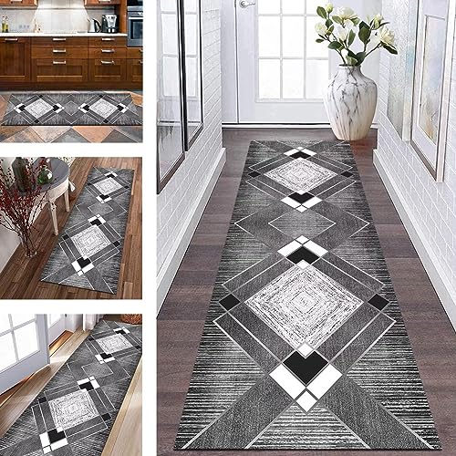 Teppich Läufer Flur Küche rutschfest Waschbar Küchenläufer Teppichmatten 60X250CM Grau Schwarz Weiß Läufer Teppich Lang Meterware Korridor Teppichläufer Schlafzimmer Wohnzimmer Esszimmer Flurläufer von Wassly