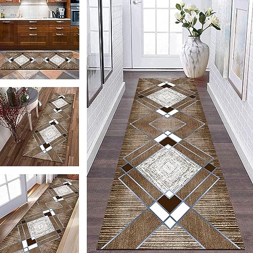 Teppich Läufer Flur Küche rutschfest Waschbar Küchenläufer Teppichmatten 70X150CM Braun Weiß Modern Läufer Teppich Lang Meterware Korridor Teppichläufer Schlafzimmer Wohnzimmer Esszimmer Flurläufer von Wassly