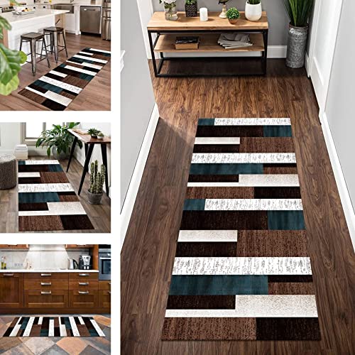 Teppich Läufer Flur Küchenläufer rutschfest waschbar Korridor Teppichläufer Braun Weiß Blau 120X250CM Modern Läufer Tepiche Flur Küche Schlafzimmer Kinderzimmer Meterware Flurläufer Lang Fußmatten von Wassly
