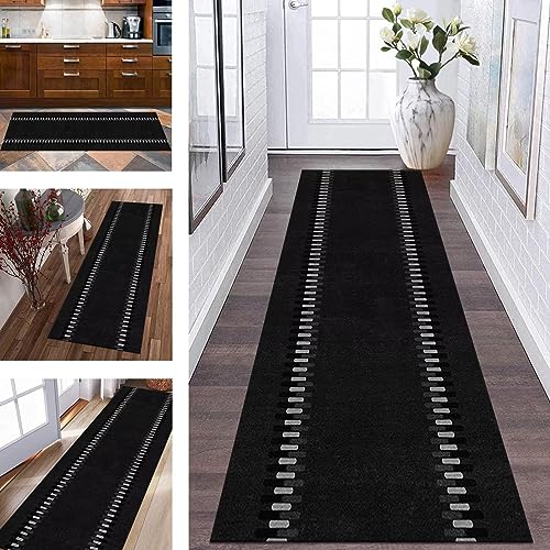 Teppich Läufer Flur Küchenteppich rutschfest Teppichmatten Küchenläufer 70X200CM Schwarz Grau Korridor Teppichläufer Waschbar Meterware Teppich Küchen Matte für Wohnzimmer Schlafzimmer Esszimmer von Wassly