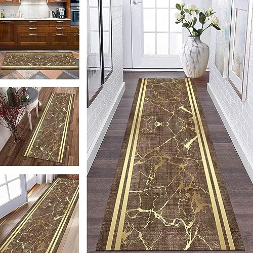 Teppich Läufer Flur rutschfest Küchenläufer Braun Gold Korridor Teppichläufer Waschbar 100X500CM Modern Lang Flurläufer Teppichmatte Küche Schlafzimmer Kinderzimmer Wohnzimmer Meterware Fußmatten von Wassly
