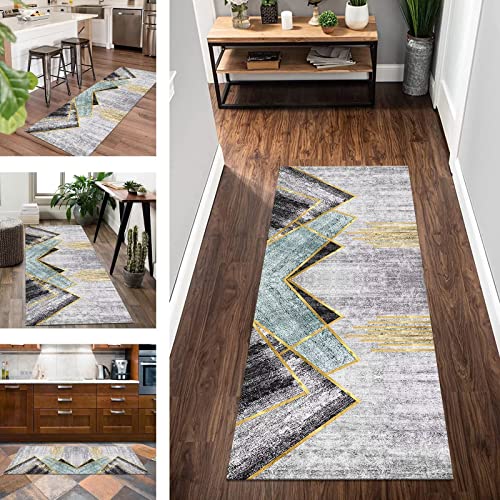 Teppich Läufer Flur rutschfest Küchenläufer Grau Grün Gold 3D Korridor Teppichläufer Waschbar 60X400CM Modern Lang Flurläufer Teppich für Schlafzimmer Kinderzimmer Wohnzimmer Meterware Küchematten von Wassly