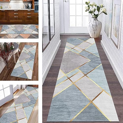 Teppich Läufer Flur rutschfest Küchenläufer Grau Grün Gold Korridor Teppichläufer Waschbar 80X150CM Modern Lang Flurläufer Teppichmatte Küche Schlafzimmer Kinderzimmer Wohnzimmer Meterware Fußmatten von Wassly
