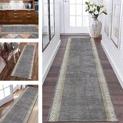 Teppich Läufer Flur rutschfest Küchenläufer Grau Weiß Braun Korridor Teppichläufer Waschbar 70X400CM Modern Lang Flurläufer Teppichmatte Küche Schlafzimmer Kinderzimmer Wohnzimmer Meterware Fußmatte von Wassly