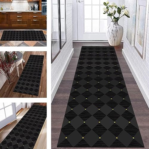 Teppich Läufer Flur rutschfest Küchenläufer Schwarz Grau Korridor Teppichläufer Waschbar 60X500CM Modern Lang Flurläufer Teppichmatte Küche Schlafzimmer Kinderzimmer Wohnzimmer Meterware Fußmatten von Wassly