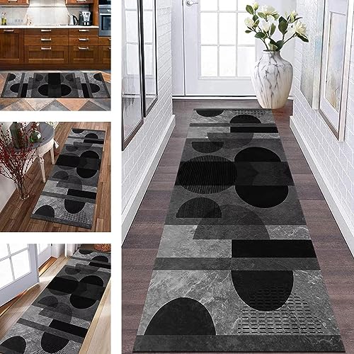 Teppich Läufer Flur rutschfest Küchenläufer Schwarz Grau Korridor Teppichläufer Waschbar 80X200CM Modern Lang Flurläufer Teppichmatte Küche Schlafzimmer Kinderzimmer Wohnzimmer Meterware Fußmatten von Wassly