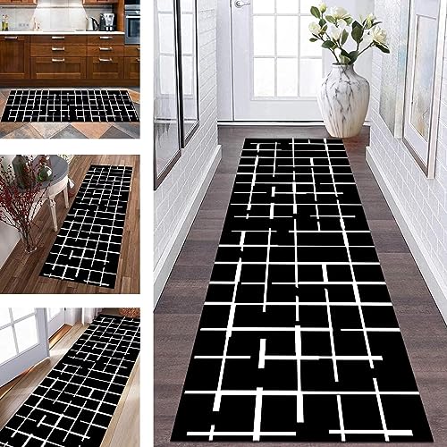 Teppich Läufer Flur rutschfest Küchenläufer Schwarz Weiß Korridor Teppichläufer Waschbar 50X250CM Modern Lang Flurläufer Teppichmatte Küche Schlafzimmer Kinderzimmer Wohnzimmer Meterware Fußmatten von Wassly