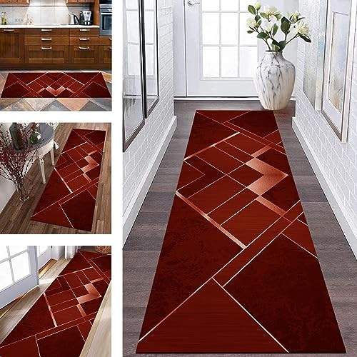 Teppich Läufer Lang Flur Küche rutschfest waschbar Küchenläufer Polyester 50X250CM Korridor Teppichläufer Rot Geometrisch Schlafzimmer Wohnzimmer Küchenteppich Meterware Teppichmatten Flurläufer von Wassly