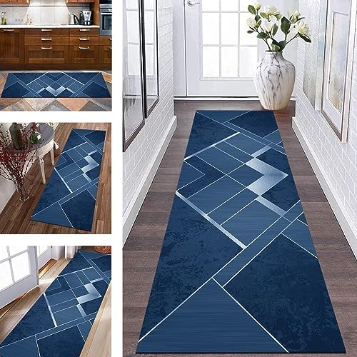 Teppich Läufer Lang Flur Küche rutschfest waschbar Küchenläufer Polyester 70X350CM Korridor Teppichläufer Blau Geometrisch Schlafzimmer Wohnzimmer Küchenteppich Meterware Teppichmatten Flurläufer von Wassly