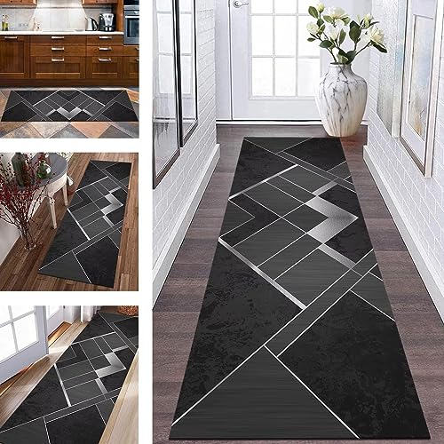 Teppich Läufer Lang Flur Küche rutschfest waschbar Küchenläufer Polyester 70X350CM Korridor Teppichläufer Modern Schwarz Grau Schlafzimmer Wohnzimmer Küchenteppich Meterware Teppichmatten Flurläufer von Wassly
