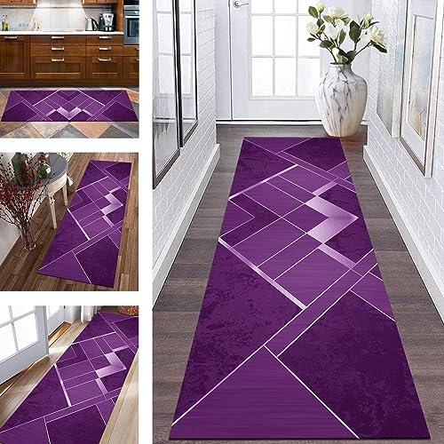 Teppich Läufer Lang Flur Küche rutschfest waschbar Küchenläufer Polyester 80X150CM Korridor Teppichläufer Violett Geometrisch Schlafzimmer Wohnzimmer Küchenteppich Meterware Teppichmatten Flurläufer von Wassly