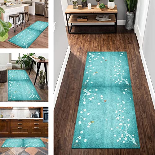 Teppich Läufer Lang Flur Küchen rutschfest waschbar Korridor Teppichläufer 60X180CM Küchenläufer Flur Modern Cyan Abstrakt Schlafzimmer Kinderzimmer Wohnzimmer Meterware Teppichmatten Flurläufer von Wassly