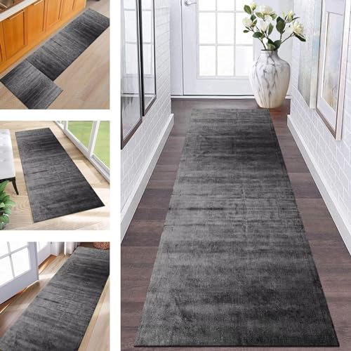 Teppich Läufer Lang Flur rutschfest waschbar Teppichmatte Küchenläufer 120X500CM Schwarz Dunkelgrau Korridor Läufer Teppich Küchenmat Meterware Flurteppich Dauerhaft Wohnzimmer Schlafzimmer Esszimmer von Wassly
