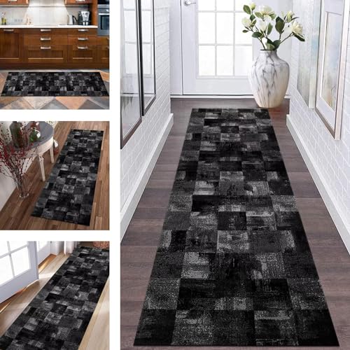 Teppich Läufer für Küche Flur rutschfest Waschbar Küchenläufer Meterware Flurteppich 80X300CM Korridor Teppichläufer Lang Schlafzimmer Wohnzimmer Läufer Teppich Kinderzimmer Matte Dunkelgrau Schwarz von Wassly