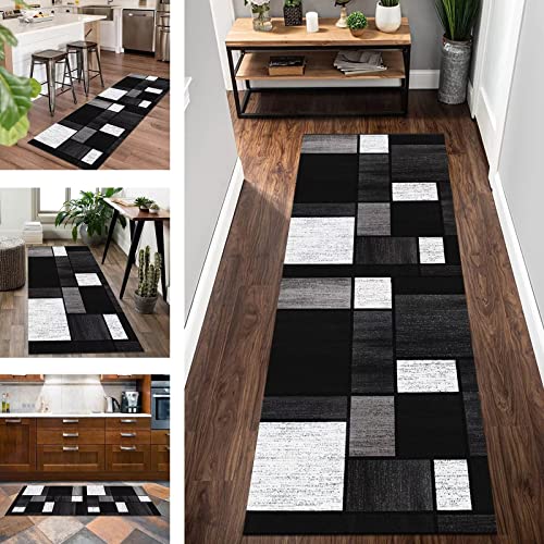 Wassly Teppich Läufer Flur Küchenläufer rutschfest waschbar Korridor Teppichläufer Dunkelgrau Weiß Schwarz 90X350CM Modern Läufer Tepiche Flur Küche Schlafzimmer Meterware Flurläufer Lang Fußmatten von Wassly