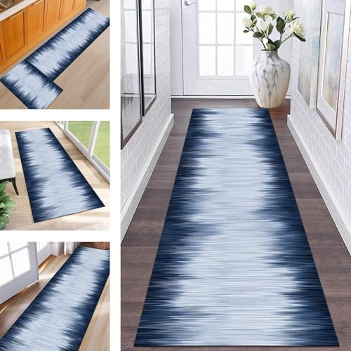 Wassly Teppich Läufer Lang Flur rutschfest waschbar Teppichmatte Küchenläufer 110X500CM Blau Weiß Korridor Läufer Teppich Küchenmat Meterware Flurteppich Dauerhaft Wohnzimmer Schlafzimmer Esszimmer von Wassly