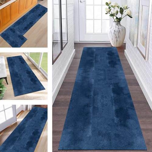 Wassly Teppich Läufer Lang Flur rutschfest waschbar Teppichmatte Küchenläufer 50X120CM Dunkelblau Korridor Läufer Teppich Küchenmat Meterware Flurteppich Dauerhaft Wohnzimmer Schlafzimmer Esszimmer von Wassly
