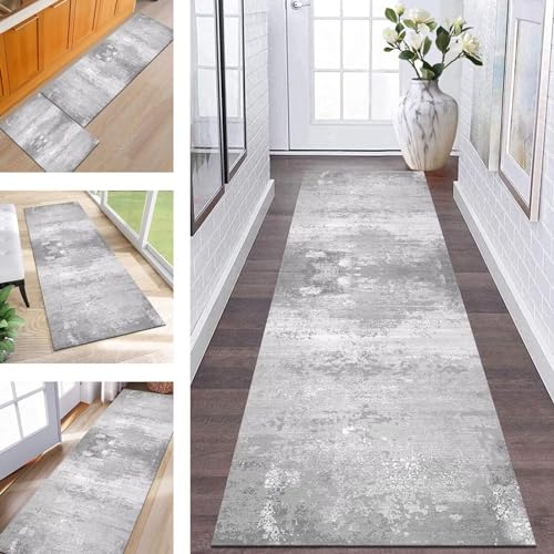 Wassly Teppich Läufer Lang Flur rutschfest waschbar Teppichmatte Küchenläufer 50X150CM Grau Weiß Korridor Läufer Teppich Küchenmat Meterware Flurteppich Dauerhaft Wohnzimmer Schlafzimmer Esszimmer von Wassly
