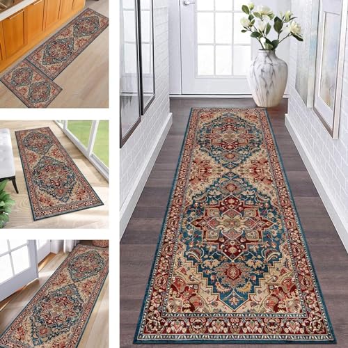 Wassly Teppich Läufer Lang Flur rutschfest waschbar Teppichmatte Küchenläufer 50X250CM Rot Blau Korridor Läufer Teppich Küchenmat Meterware Flurteppich Dauerhaft Wohnzimmer Schlafzimmer Esszimmer von Wassly