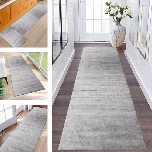 Wassly Teppich Läufer Lang Flur rutschfest waschbar Teppichmatte Küchenläufer 60X180CM Grau Korridor Läufer Teppich Küchenmat Meterware Flurteppich Dauerhaft Wohnzimmer Schlafzimmer Esszimmer von Wassly