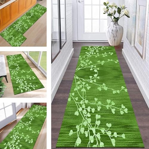 Wassly Teppich Läufer Lang Flur rutschfest waschbar Teppichmatte Küchenläufer 60X240CM Grün Weiß Korridor Läufer Teppich Küchenmat Meterware Flurteppich Dauerhaft Wohnzimmer Schlafzimmer Esszimmer von Wassly