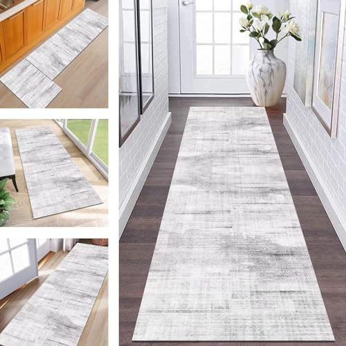 Wassly Teppich Läufer Lang Flur rutschfest waschbar Teppichmatte Küchenläufer 90X350CM Grau-Weiß Korridor Läufer Teppich Küchenmat Meterware Flurteppich Dauerhaft Wohnzimmer Schlafzimmer Esszimmer von Wassly