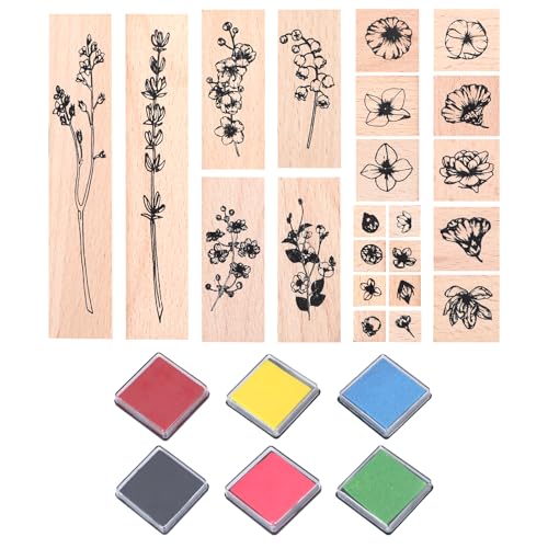 22 Stück Holzstempel Set Mit 6 Stempelkissen - Motivstempel Blumen Gras Selbst Gestalten - Personalisierter Stempel für DIY Handgefertigtes Kunsthandwerk von WatDenyFine