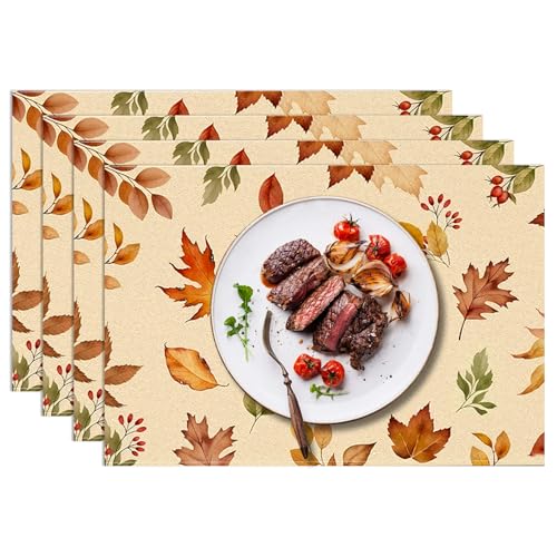 4er Tischset, Herbst Thema Tischsets Abwaschbar Platzdeckchen Platzset Tischsets Platzsets Abwaschbar Untersetzer Teller Untersetzer Tischuntersetzer für Platzteller Besteck, 45x30cm, Blätter-Muster von WatDenyFine