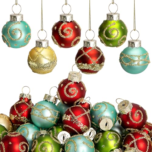 Watayo 24 Stück bunte Weihnachtskugeln aus Glas, 2,5 cm, Mini-Vintage-Glitzerkugel, hängende Ornamente für Baum, Rot, Grün, Gold, Blau, kleine Glaskugel, Baumdekoration für Weihnachten, Heimdekoration Watayo 24 Stück bunte Weihnachtskugeln aus Glas, 2,5 cm, Mini-Vintage-Glitzerkugel, hängende Ornamente für Baum, Rot, Grün, Gold, Blau, kleine Glaskugel, Baumdekoration für Weihnachten, Heimdekoration von Watayo