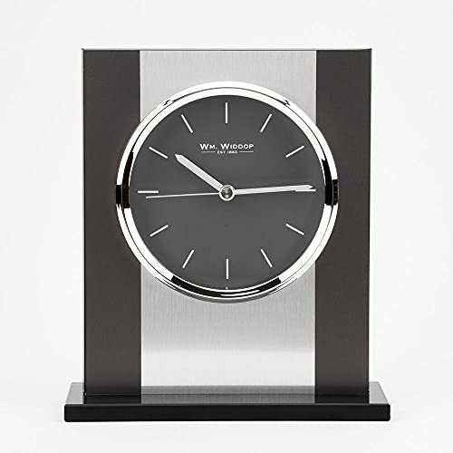 WM. Widdop Kaminuhr, schwarzes Glas und gebürstetes Aluminium von Watching Clocks