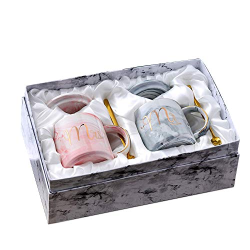 Watenkliy Kaffeetasse, Mark Cup Mr Mrs Kaffeebecher 2pcs Kaffeetasse aus Porzellan mit Deckel und Löffel als Geschenk, 350ml, Pink weiss，Geschenkbox von Watenkliy