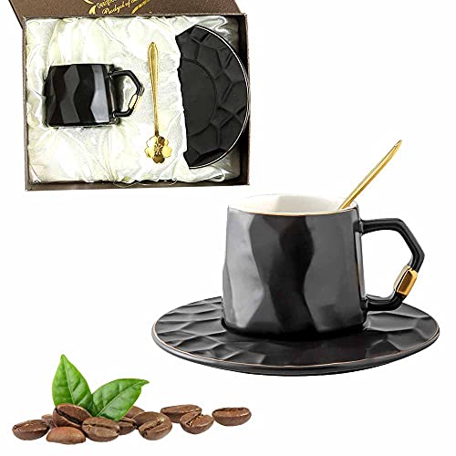 Watenkliy Klein Kaffeetassen mit Untertassen und Löffeln, 3-teilig Porzellan 180ml Gold Rand Tee Tassen für Kaffee, Eiskaffee, Espresso,Tee (Schwarz) von Watenkliy