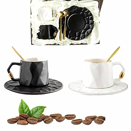 Watenkliy Klein Kaffeetassen mit Untertassen und Löffeln, 6-teilig Porzellan 180ml Gold Rand Tee Tassen für Kaffee, Eiskaffee, Espresso,Tee (schwarz+Weiss) von Watenkliy