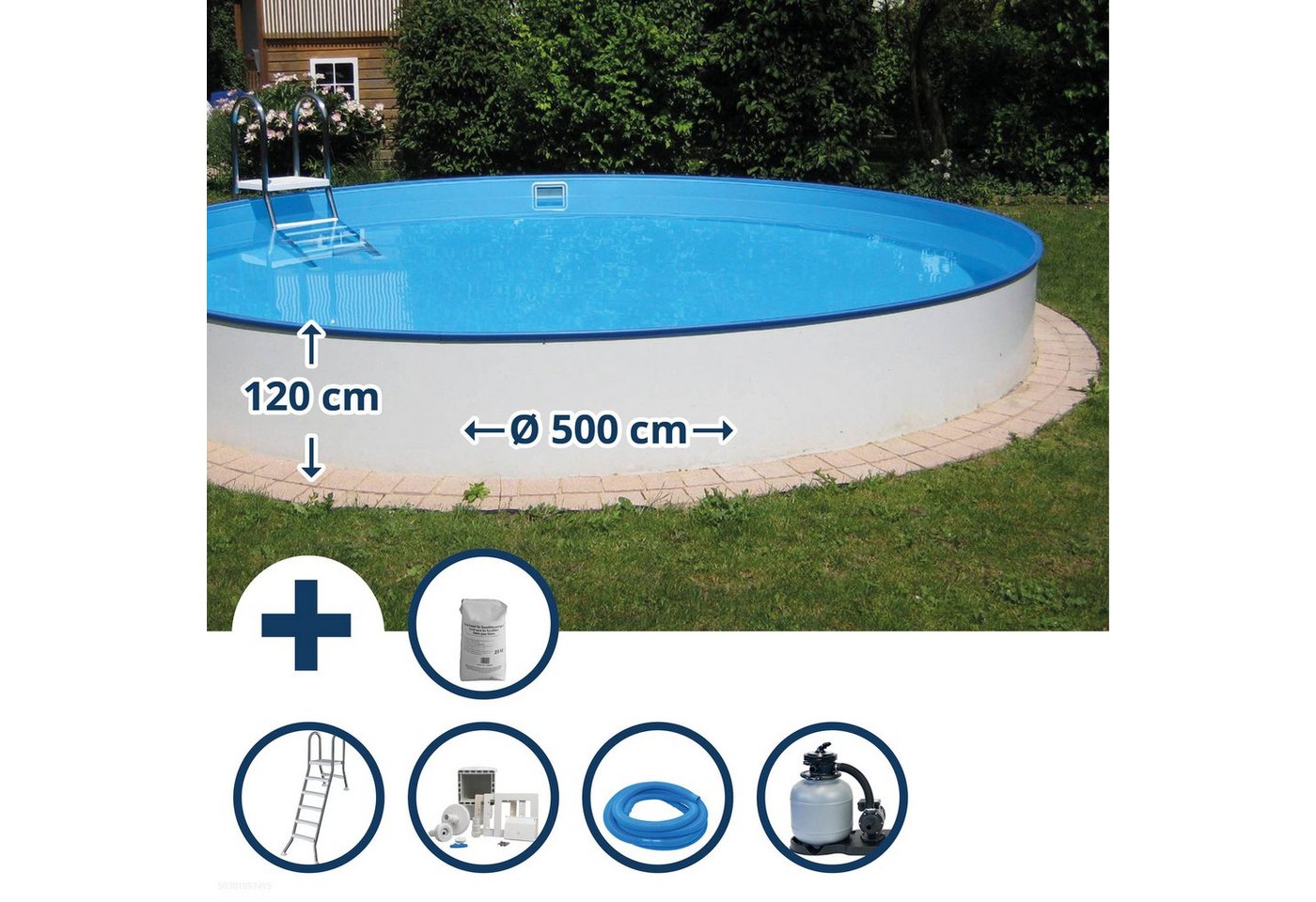 Waterman Rundpool Stahlwandpool Set (7-teilig) halbhoch rund Borneo (Komplett-Set), verzinkte Stahlwand von Waterman