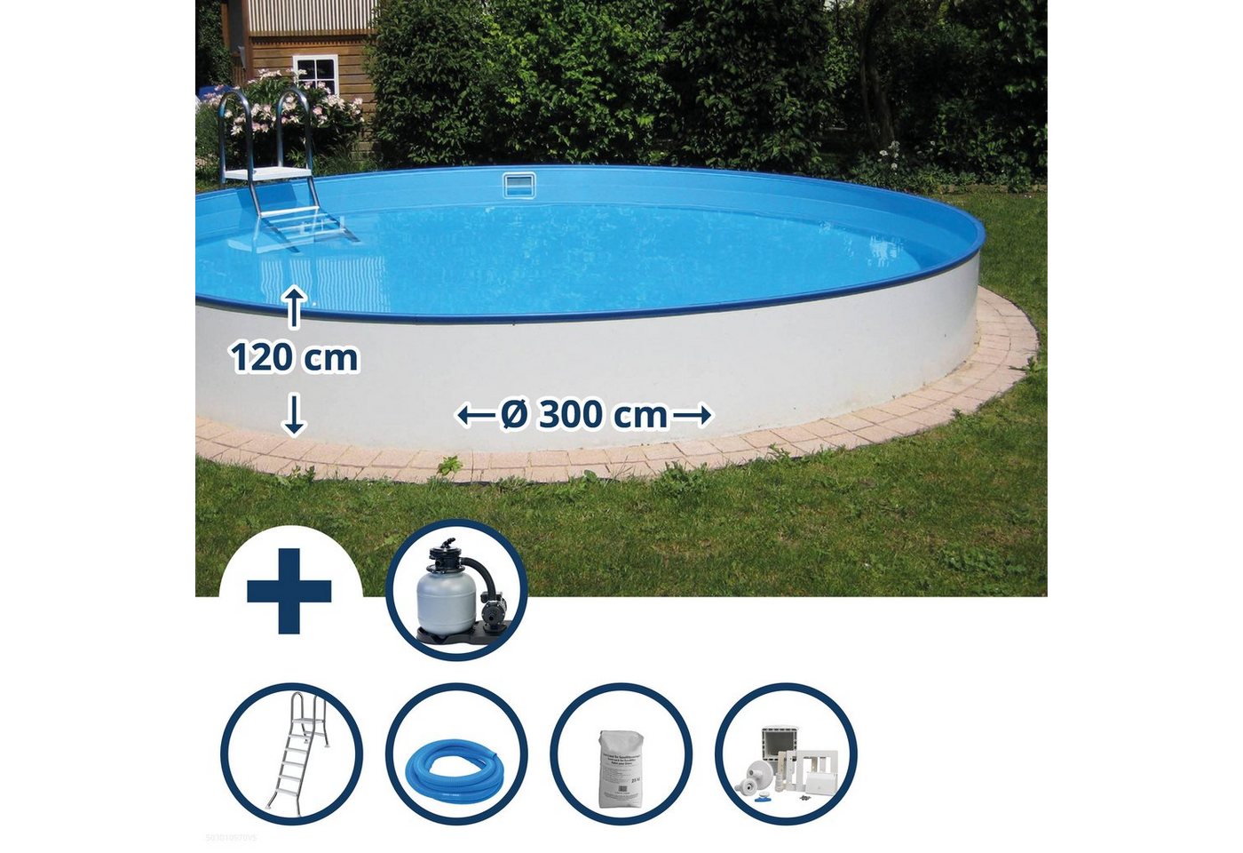 Waterman Rundpool Stahlwandpool Set (7-teilig) halbhoch rund Brasili (Komplett-Set), verzinkte Stahlwand von Waterman