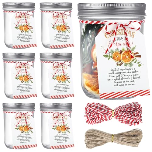 Watersay 6 Set 14 Stück Weihnachten Zimt Simmer Topf 470 ml Potpourri Geschenk Gastgeschenk Glas Herd Simmer Tags Winter Bastelset für Weihnachten Home Party Dekor kein Potpourri (eleganter Stil) von Watersay