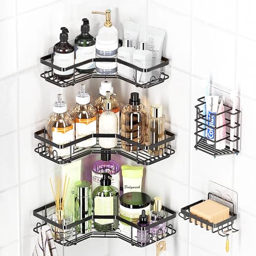 WateryWave Duschablage Ohne Bohren Rostfreies Shampoo Duschgel Halterung Ohne Bohren Duschablage Ecke 5 Stück Selbstklebend Schwarz Duschablage Duschkorb für Bad Küche Toilette (L) von WateryWave