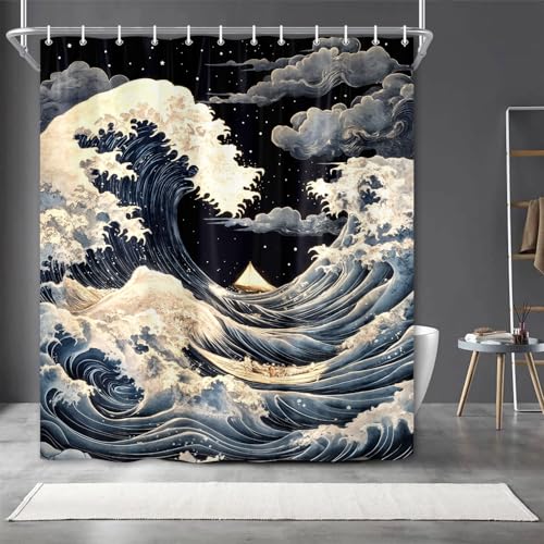 Wathon Anime-Duschvorhang, asiatische Meereswellen, japanische Wellen, Badezimmer-Dekor-Set mit Haken, 178 x 178 cm Wathon Anime-Duschvorhang, asiatische Meereswellen, japanische Wellen, Badezimmer-Dekor-Set mit Haken, 178 x 178 cm von Wathon