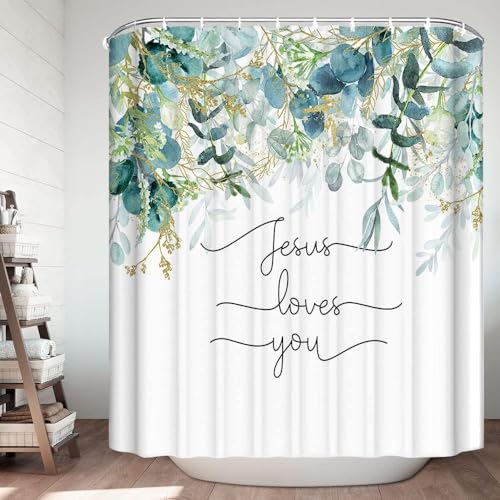 Wathon Bibelvers Botanischer Duschvorhang, christliche Schrift, Jesus Loves You, Zitat, Badvorhänge, grüne Blätter, Badezimmer-Duschvorhang-Set, Badvorhang mit Haken, 183x183 cm von Wathon