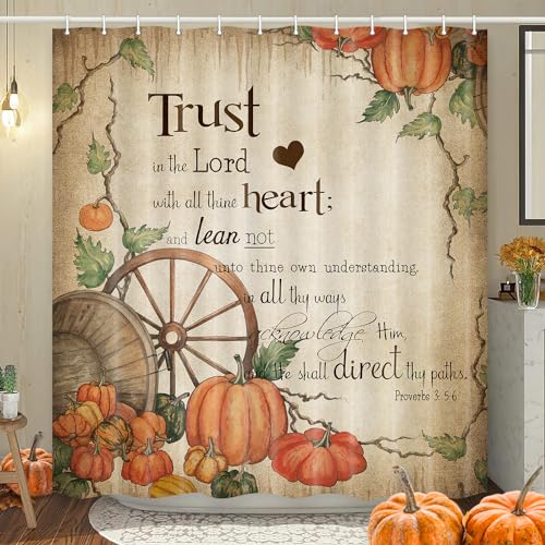Wathon Bibelvers Duschvorhang Herbst Badezimmer Dekor, christliches Schrift Zitat mit Herbsternte Kürbis Badevorhänge, rustikaler Retro-Bauernhaus, christlicher Glaube, Stoff, Duschvorhang 178x178 cm von Wathon