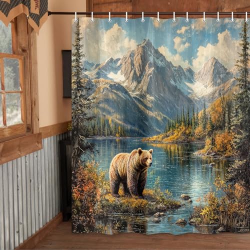 Wathon Duschvorhang mit Bär, rustikale Naturlandschaft, Wald, Wildtiere, Badevorhang, Land, Wald, Outdoor, Abenteuer, Erkunden, Badezimmer-Dekor-Set mit Haken, 178 x 178 cm Wathon Duschvorhang mit Bär, rustikale Naturlandschaft, Wald, Wildtiere, Badevorhang, Land, Wald, Outdoor, Abenteuer, Erkunden, Badezimmer-Dekor-Set mit Haken, 178 x 178 cm von Wathon