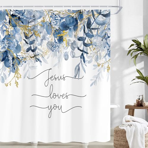 Wathon Duschvorhang mit Bibelvers und Botanischer Schrift, Motiv: Jesus liebt dich, mit Pflanzenblättern, inspirierender Glaube, Badezimmer-Duschvorhang-Set mit Haken, 183 x 183 cm, Blau Wathon Duschvorhang mit Bibelvers und Botanischer Schrift, Motiv: Jesus liebt dich, mit Pflanzenblättern, inspirierender Glaube, Badezimmer-Duschvorhang-Set mit Haken, 183 x 183 cm, Blau von Wathon