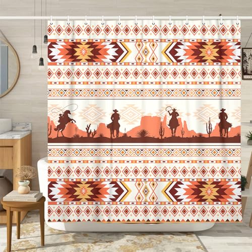 Wathon Western-Duschvorhang Orange Azteken Südwestern Tribal Navajo Badevorhang Western Cowboy auf Pferd in Kaktus Wüste Badezimmer Vorhang Ethnisch Primitive Bauernhaus Duschvorhang Sets 178 x 178 cm von Wathon