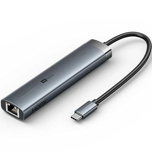 Dockingstation mit 6 Ports: 1 x USB-C, 2 x USB, 1 x HDMI, RJ45, USB-C PD. Schwarzes Design, ideal zur Erweiterung der Konnektivität von Watio Wave