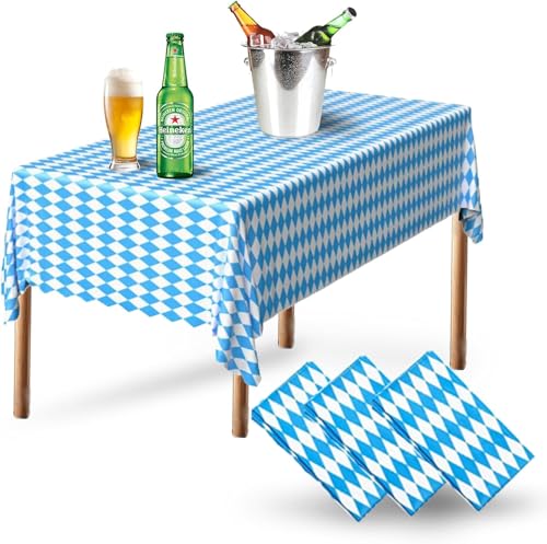 Watproofit 3 Stück Biertisch Tischdecke, bierzeltgarnitur tischdecke, Karierte Tischdecke Blau-Weiß, PVC- Oktoberfest deko Tischdecke für Oktoberfest-Partydekorationen, Wasserdicht Leicht zu Reinigen von Watproofit