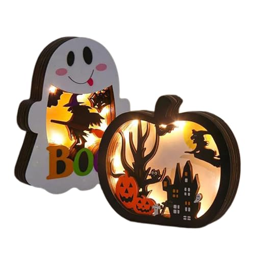2pcs Hölzerne Geistergeisterkürbis Nachtlicht Halloween Holz LED Lampe Desch Desch DECAING FÜR DIE MANKELTAP Tabletop FIERZEI DEKRAGE Halloween von Watreketal